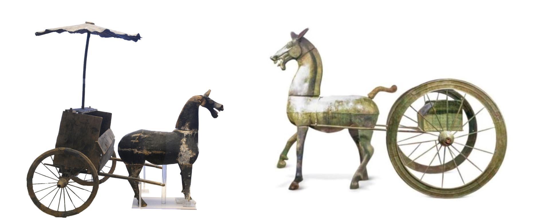 △左為漢代木軺車，藏于青海省博物館；右為東漢銅車馬，藏于黔西南州博物館。